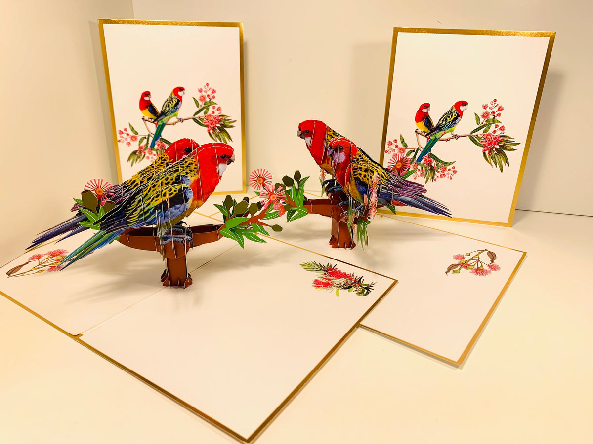 LUXURY Gold Double Eastern Rosella Parrot Australian Bird Origami Pop Cards 3D Pop Up Greeting Card Happy Birthday Thank You Handmade Gift Thinking of You Blank Card for Any Occasion Happy Mother's Day Happy Father's Australiana Birds