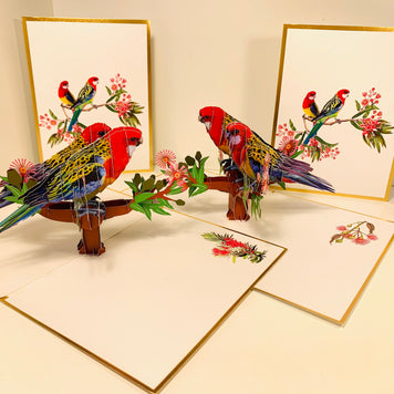 LUXURY Gold Double Eastern Rosella Parrot Australian Bird Origami Pop Cards 3D Pop Up Greeting Card Happy Birthday Thank You Handmade Gift Thinking of You Blank Card for Any Occasion Happy Mother's Day Happy Father's Australiana Birds