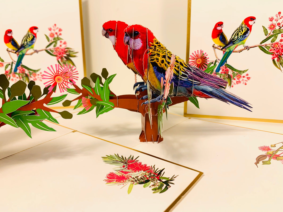 LUXURY Gold Double Eastern Rosella Parrot Australian Bird Origami Pop Cards 3D Pop Up Greeting Card Happy Birthday Thank You Handmade Gift Thinking of You Blank Card for Any Occasion Happy Mother's Day Happy Father's Australiana Birds