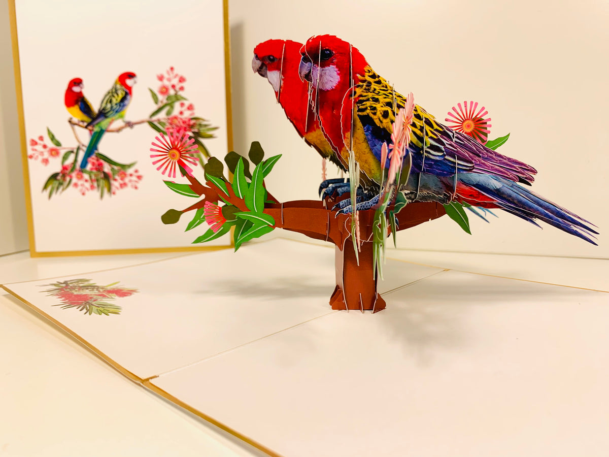 LUXURY Gold Double Eastern Rosella Parrot Australian Bird Origami Pop Cards 3D Pop Up Greeting Card Happy Birthday Thank You Handmade Gift Thinking of You Blank Card for Any Occasion Happy Mother's Day Happy Father's Australiana Birds