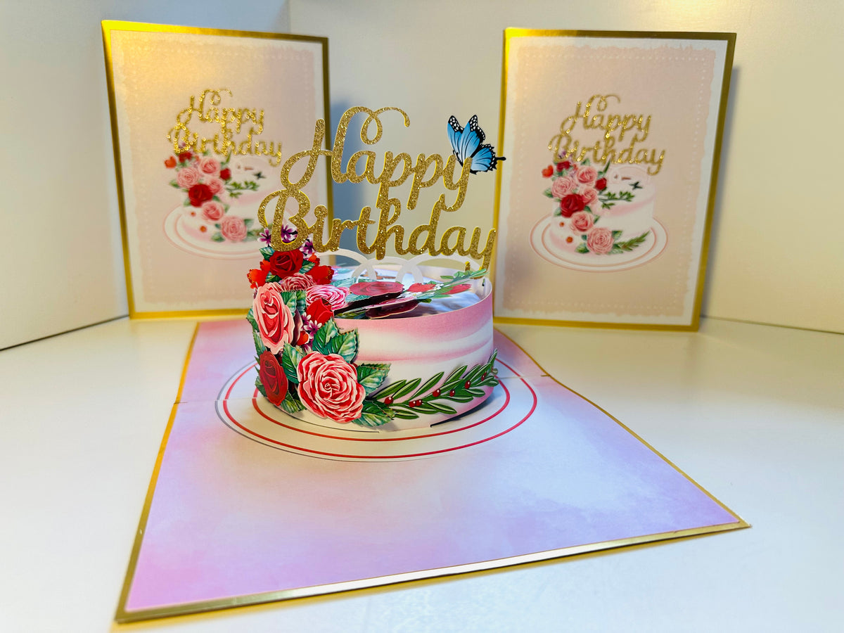 LUXURY Gold Happy Birthday Cake with Blue Butterflies Origami Pop Cards 3D Pop Up Greeting Card Thank You Handmade Gift Thinking of You Happy Birthday Occasion Australiana Celebrate the Beauty and Happiness During Special Day Best Wishes Gift