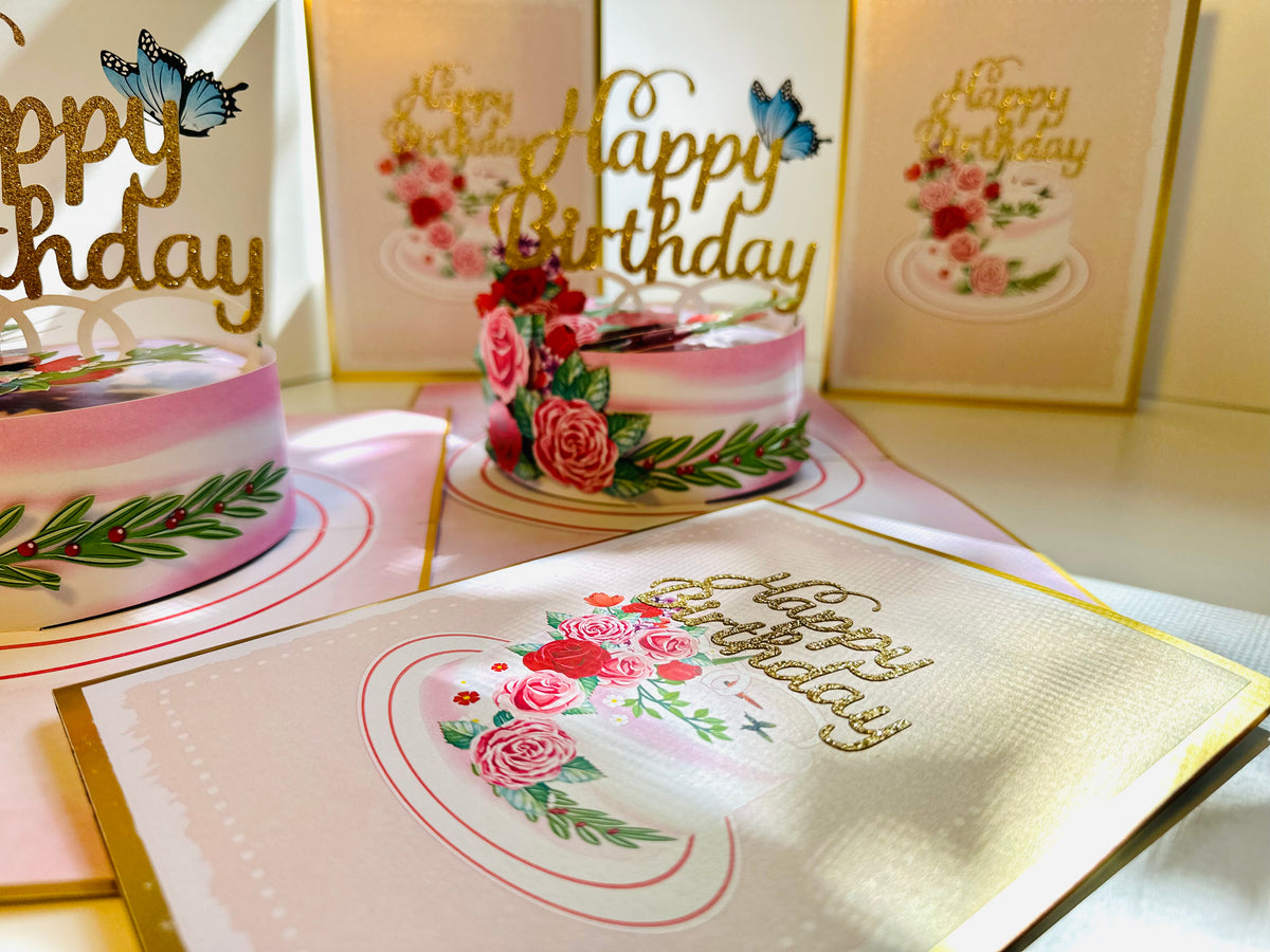 LUXURY Gold Happy Birthday Cake with Blue Butterflies Origami Pop Cards 3D Pop Up Greeting Card Thank You Handmade Gift Thinking of You Happy Birthday Occasion Australiana Celebrate the Beauty and Happiness During Special Day Best Wishes Gift
