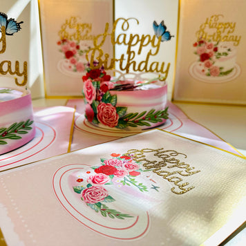 LUXURY Gold Happy Birthday Cake with Blue Butterflies Origami Pop Cards 3D Pop Up Greeting Card Thank You Handmade Gift Thinking of You Happy Birthday Occasion Australiana Celebrate the Beauty and Happiness During Special Day Best Wishes Gift