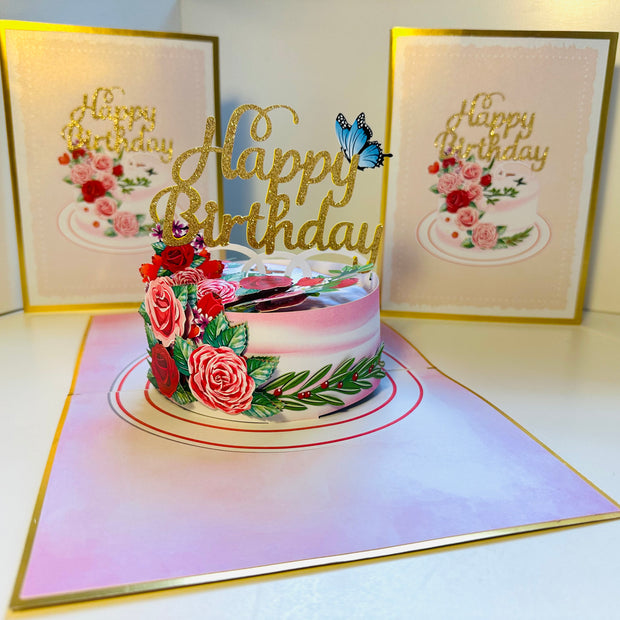 LUXURY Gold Happy Birthday Cake with Blue Butterflies Origami Pop Cards 3D Pop Up Greeting Card Thank You Handmade Gift Thinking of You Happy Birthday Occasion Australiana Celebrate the Beauty and Happiness During Special Day Best Wishes Gift