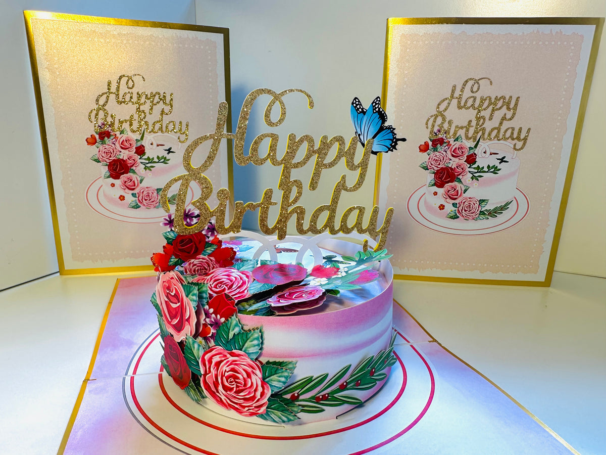 LUXURY Gold Happy Birthday Cake with Blue Butterflies Origami Pop Cards 3D Pop Up Greeting Card Thank You Handmade Gift Thinking of You Happy Birthday Occasion Australiana Celebrate the Beauty and Happiness During Special Day Best Wishes Gift