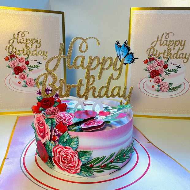 LUXURY Gold Happy Birthday Cake with Blue Butterflies Origami Pop Cards 3D Pop Up Greeting Card Thank You Handmade Gift Thinking of You Happy Birthday Occasion Australiana Celebrate the Beauty and Happiness During Special Day Best Wishes Gift