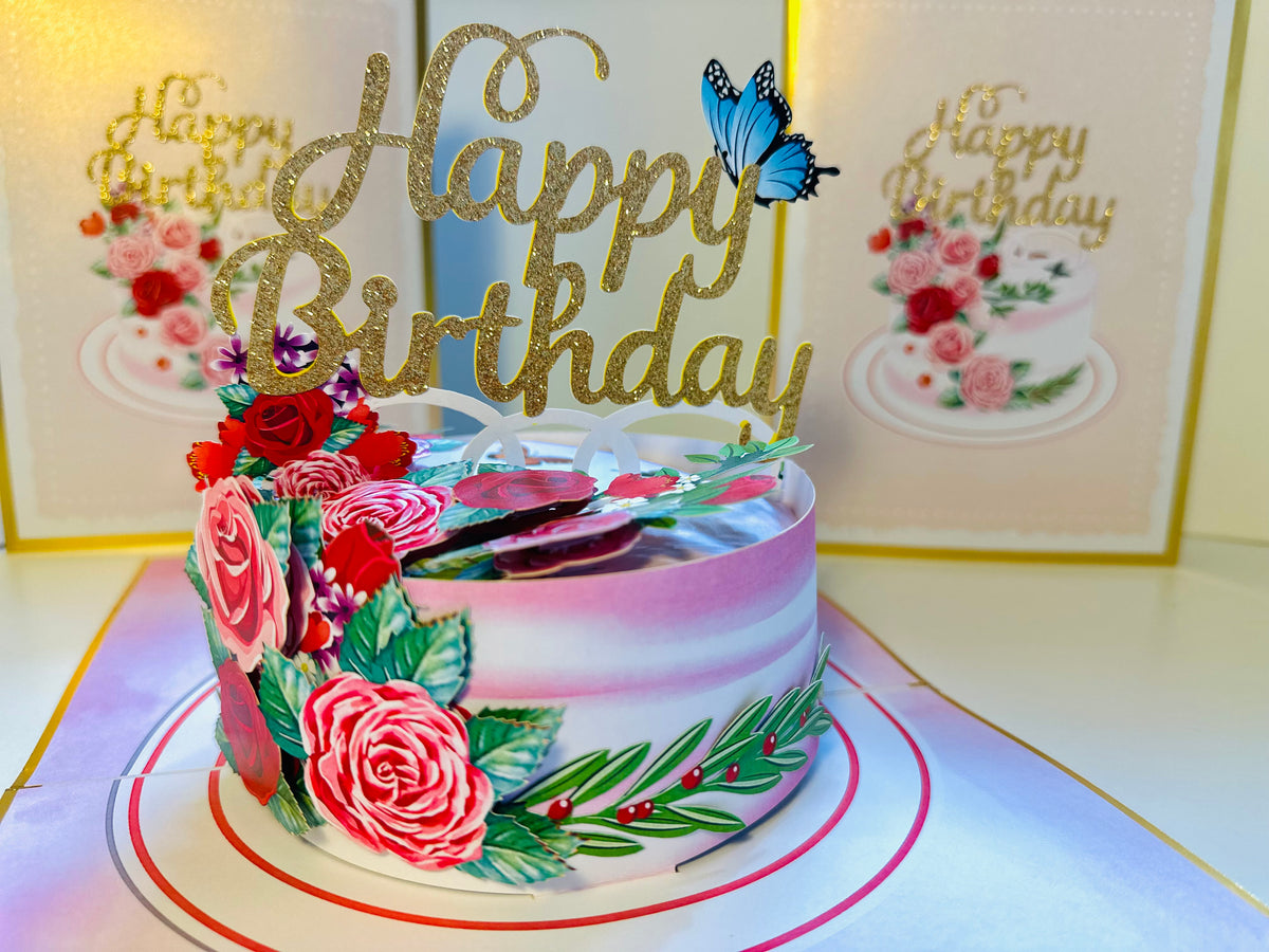 LUXURY Gold Happy Birthday Cake with Blue Butterflies Origami Pop Cards 3D Pop Up Greeting Card Thank You Handmade Gift Thinking of You Happy Birthday Occasion Australiana Celebrate the Beauty and Happiness During Special Day Best Wishes Gift