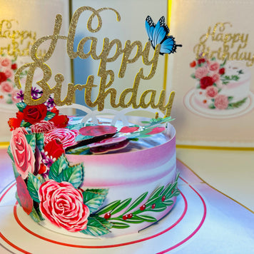 LUXURY Gold Happy Birthday Cake with Blue Butterflies Origami Pop Cards 3D Pop Up Greeting Card Thank You Handmade Gift Thinking of You Happy Birthday Occasion Australiana Celebrate the Beauty and Happiness During Special Day Best Wishes Gift