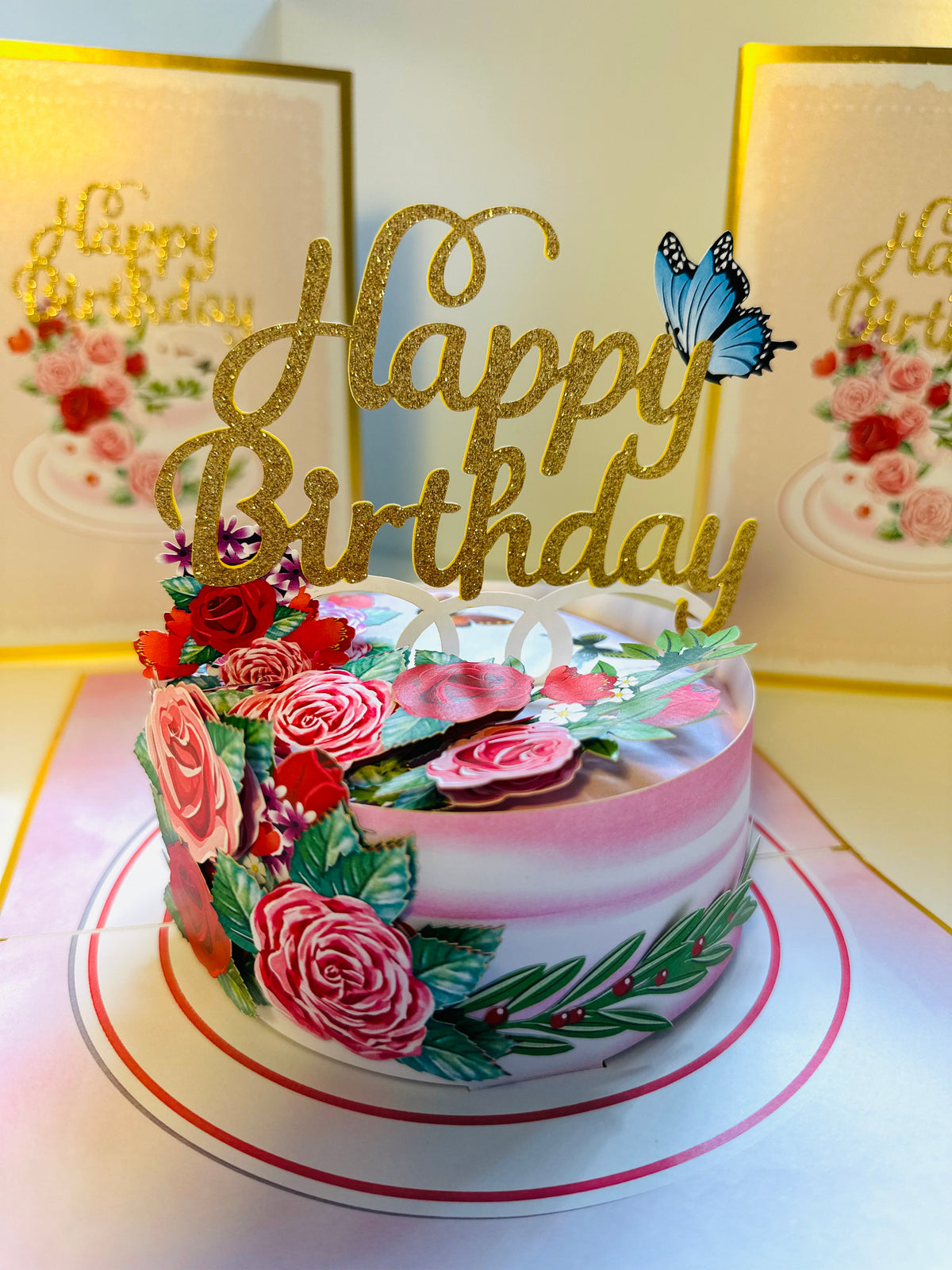 LUXURY Gold Happy Birthday Cake with Blue Butterflies Origami Pop Cards 3D Pop Up Greeting Card Thank You Handmade Gift Thinking of You Happy Birthday Occasion Australiana Celebrate the Beauty and Happiness During Special Day Best Wishes Gift