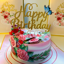 LUXURY Gold Happy Birthday Cake with Blue Butterflies Origami Pop Cards 3D Pop Up Greeting Card Thank You Handmade Gift Thinking of You Happy Birthday Occasion Australiana Celebrate the Beauty and Happiness During Special Day Best Wishes Gift