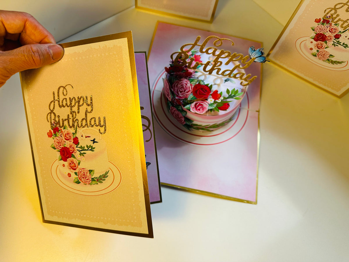 LUXURY Gold Happy Birthday Cake with Blue Butterflies Origami Pop Cards 3D Pop Up Greeting Card Thank You Handmade Gift Thinking of You Happy Birthday Occasion Australiana Celebrate the Beauty and Happiness During Special Day Best Wishes Gift