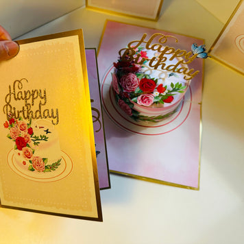 LUXURY Gold Happy Birthday Cake with Blue Butterflies Origami Pop Cards 3D Pop Up Greeting Card Thank You Handmade Gift Thinking of You Happy Birthday Occasion Australiana Celebrate the Beauty and Happiness During Special Day Best Wishes Gift