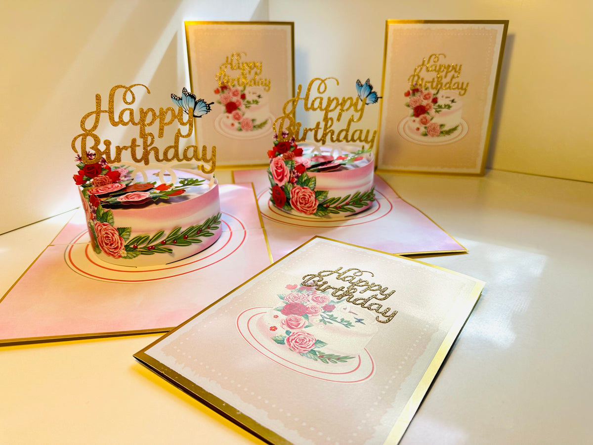 LUXURY Gold Happy Birthday Cake with Blue Butterflies Origami Pop Cards 3D Pop Up Greeting Card Thank You Handmade Gift Thinking of You Happy Birthday Occasion Australiana Celebrate the Beauty and Happiness During Special Day Best Wishes Gift