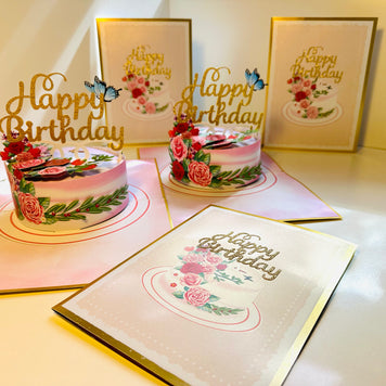 LUXURY Gold Happy Birthday Cake with Blue Butterflies Origami Pop Cards 3D Pop Up Greeting Card Thank You Handmade Gift Thinking of You Happy Birthday Occasion Australiana Celebrate the Beauty and Happiness During Special Day Best Wishes Gift