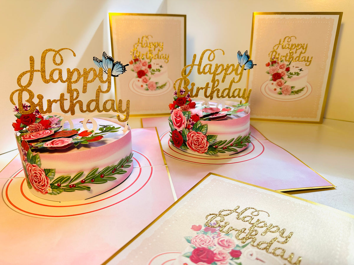 LUXURY Gold Happy Birthday Cake with Blue Butterflies Origami Pop Cards 3D Pop Up Greeting Card Thank You Handmade Gift Thinking of You Happy Birthday Occasion Australiana Celebrate the Beauty and Happiness During Special Day Best Wishes Gift