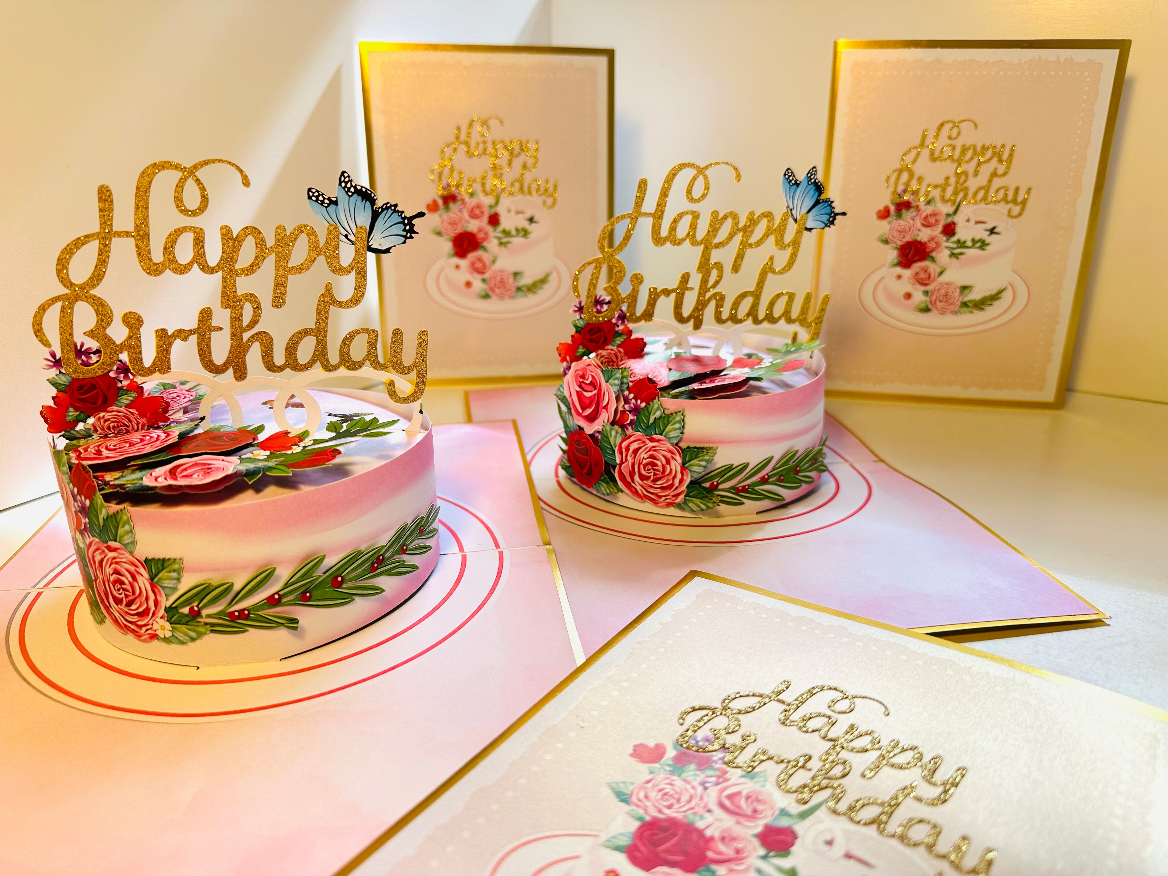 LUXURY Gold Happy Birthday Cake with Blue Butterflies Origami Pop Cards 3D Pop Up Greeting Card Thank You Handmade Gift Thinking of You Happy Birthday Occasion Australiana Celebrate the Beauty and Happiness During Special Day Best Wishes Gift
