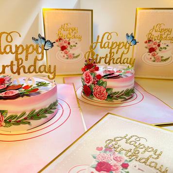 LUXURY Gold Happy Birthday Cake with Blue Butterflies Origami Pop Cards 3D Pop Up Greeting Card Thank You Handmade Gift Thinking of You Happy Birthday Occasion Australiana Celebrate the Beauty and Happiness During Special Day Best Wishes Gift