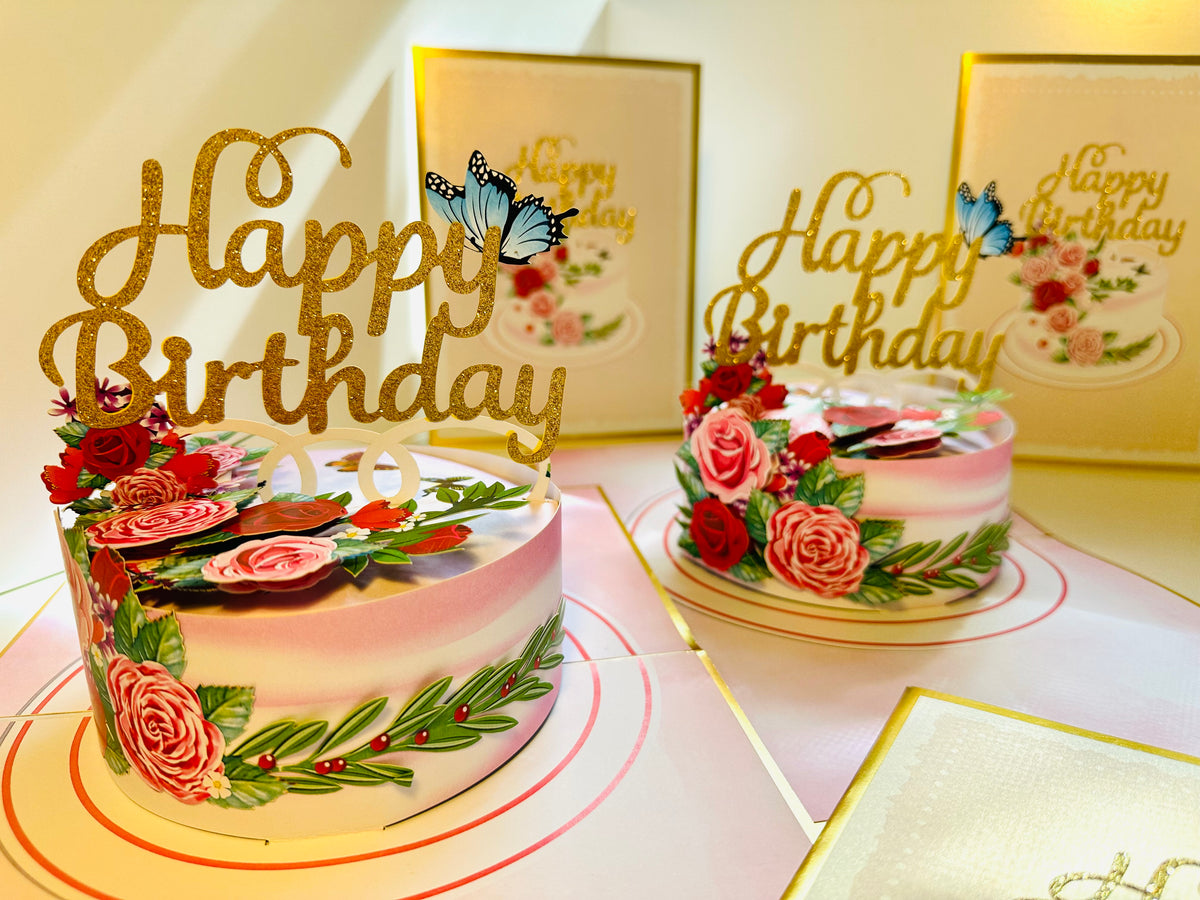 LUXURY Gold Happy Birthday Cake with Blue Butterflies Origami Pop Cards 3D Pop Up Greeting Card Thank You Handmade Gift Thinking of You Happy Birthday Occasion Australiana Celebrate the Beauty and Happiness During Special Day Best Wishes Gift