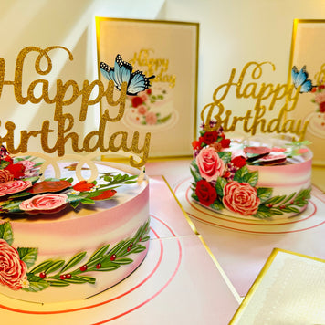 LUXURY Gold Happy Birthday Cake with Blue Butterflies Origami Pop Cards 3D Pop Up Greeting Card Thank You Handmade Gift Thinking of You Happy Birthday Occasion Australiana Celebrate the Beauty and Happiness During Special Day Best Wishes Gift