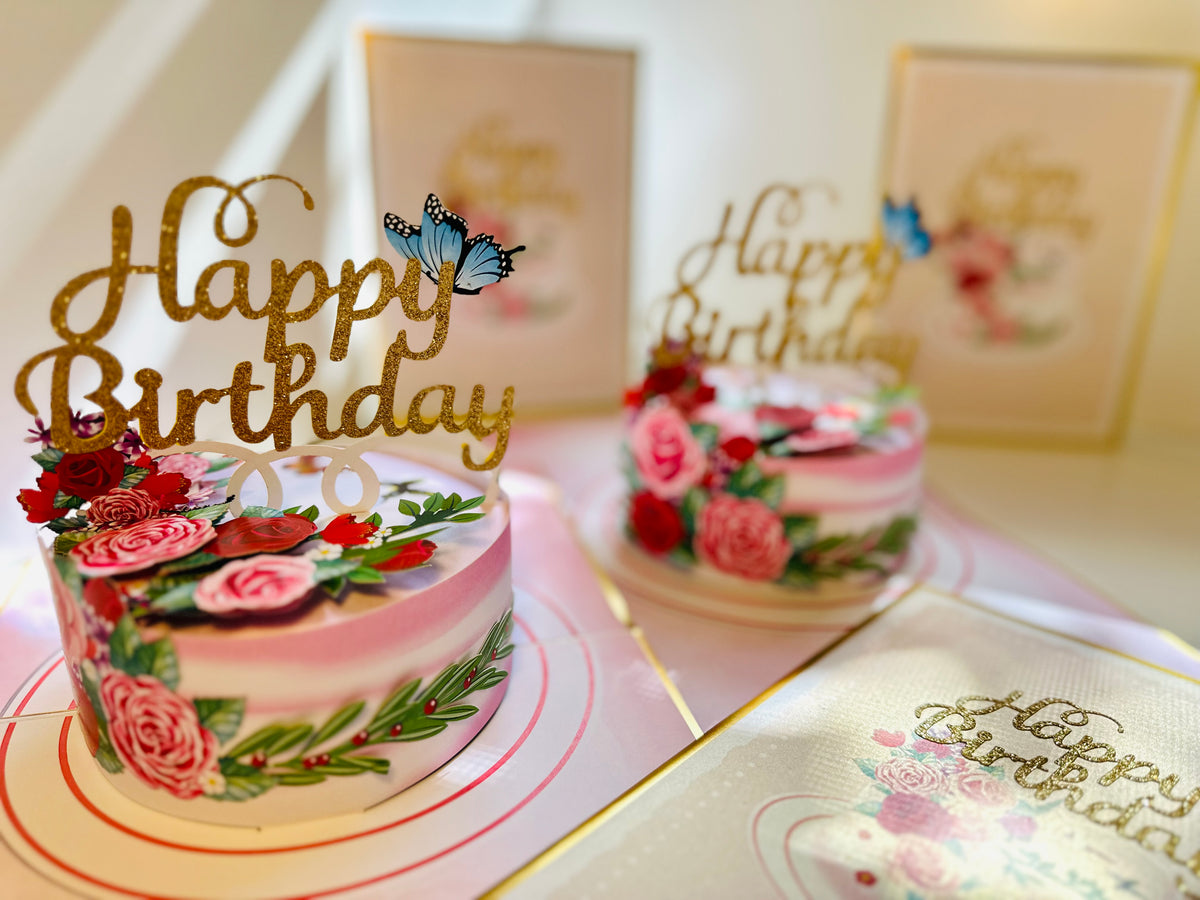LUXURY Gold Happy Birthday Cake with Blue Butterflies Origami Pop Cards 3D Pop Up Greeting Card Thank You Handmade Gift Thinking of You Happy Birthday Occasion Australiana Celebrate the Beauty and Happiness During Special Day Best Wishes Gift