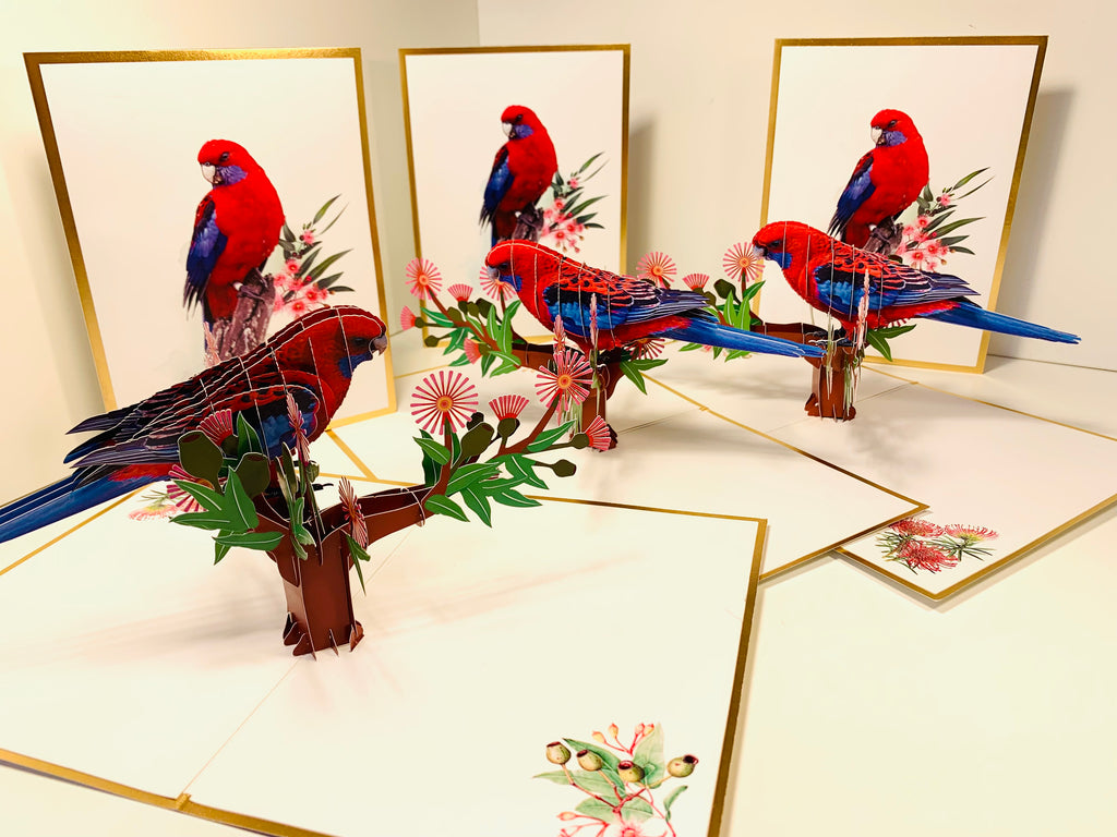 LUXURY Gold Single Crimson Rosella Parrot Australian Bird Origami Pop Cards 3D Pop Up Greeting Card Happy Birthday Thank You Handmade Gift Thinking of You Blank Card for Any Occasion Happy Mother's Day Happy Father's Australiana Birds