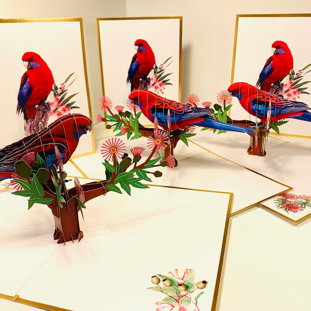 LUXURY Gold Single Crimson Rosella Parrot Australian Bird Origami Pop Cards 3D Pop Up Greeting Card Happy Birthday Thank You Handmade Gift Thinking of You Blank Card for Any Occasion Happy Mother's Day Happy Father's Australiana Birds
