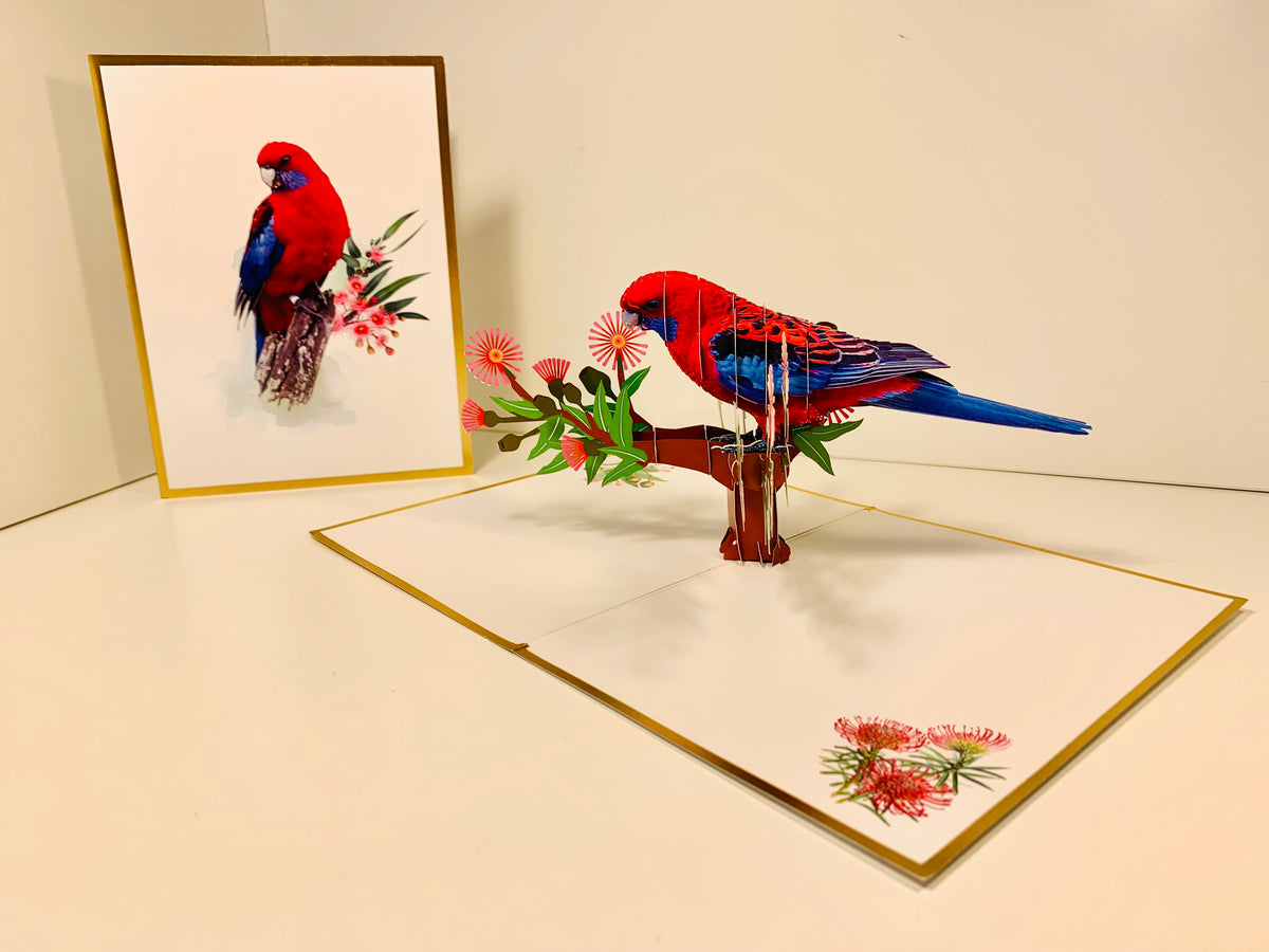 LUXURY Gold Single Crimson Rosella Parrot Australian Bird Origami Pop Cards 3D Pop Up Greeting Card Happy Birthday Thank You Handmade Gift Thinking of You Blank Card for Any Occasion Happy Mother's Day Happy Father's Australiana Birds