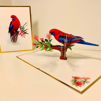 LUXURY Gold Single Crimson Rosella Parrot Australian Bird Origami Pop Cards 3D Pop Up Greeting Card Happy Birthday Thank You Handmade Gift Thinking of You Blank Card for Any Occasion Happy Mother's Day Happy Father's Australiana Birds