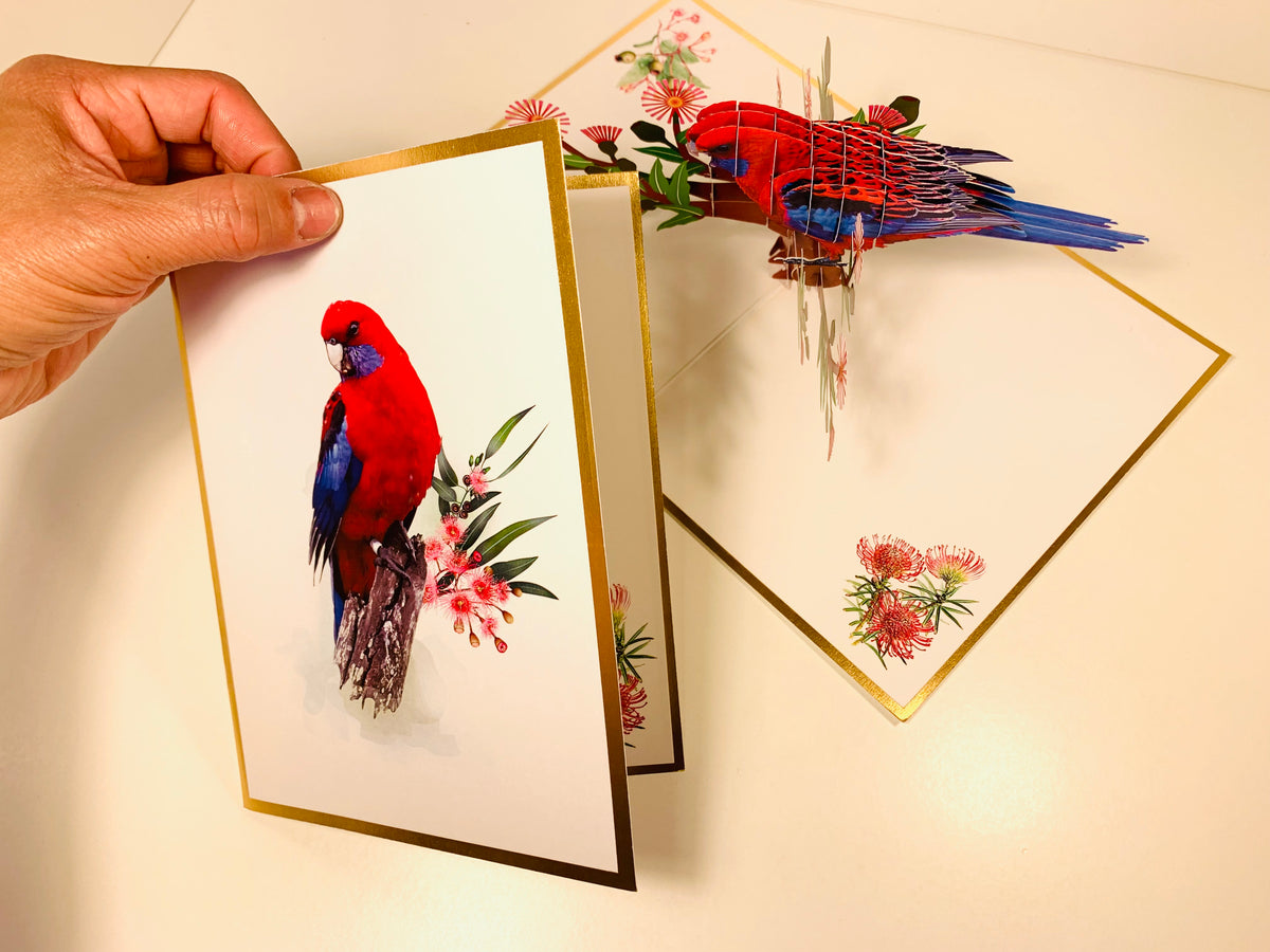 LUXURY Gold Single Crimson Rosella Parrot Australian Bird Origami Pop Cards 3D Pop Up Greeting Card Happy Birthday Thank You Handmade Gift Thinking of You Blank Card for Any Occasion Happy Mother's Day Happy Father's Australiana Birds