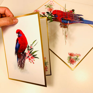 LUXURY Gold Single Crimson Rosella Parrot Australian Bird Origami Pop Cards 3D Pop Up Greeting Card Happy Birthday Thank You Handmade Gift Thinking of You Blank Card for Any Occasion Happy Mother's Day Happy Father's Australiana Birds