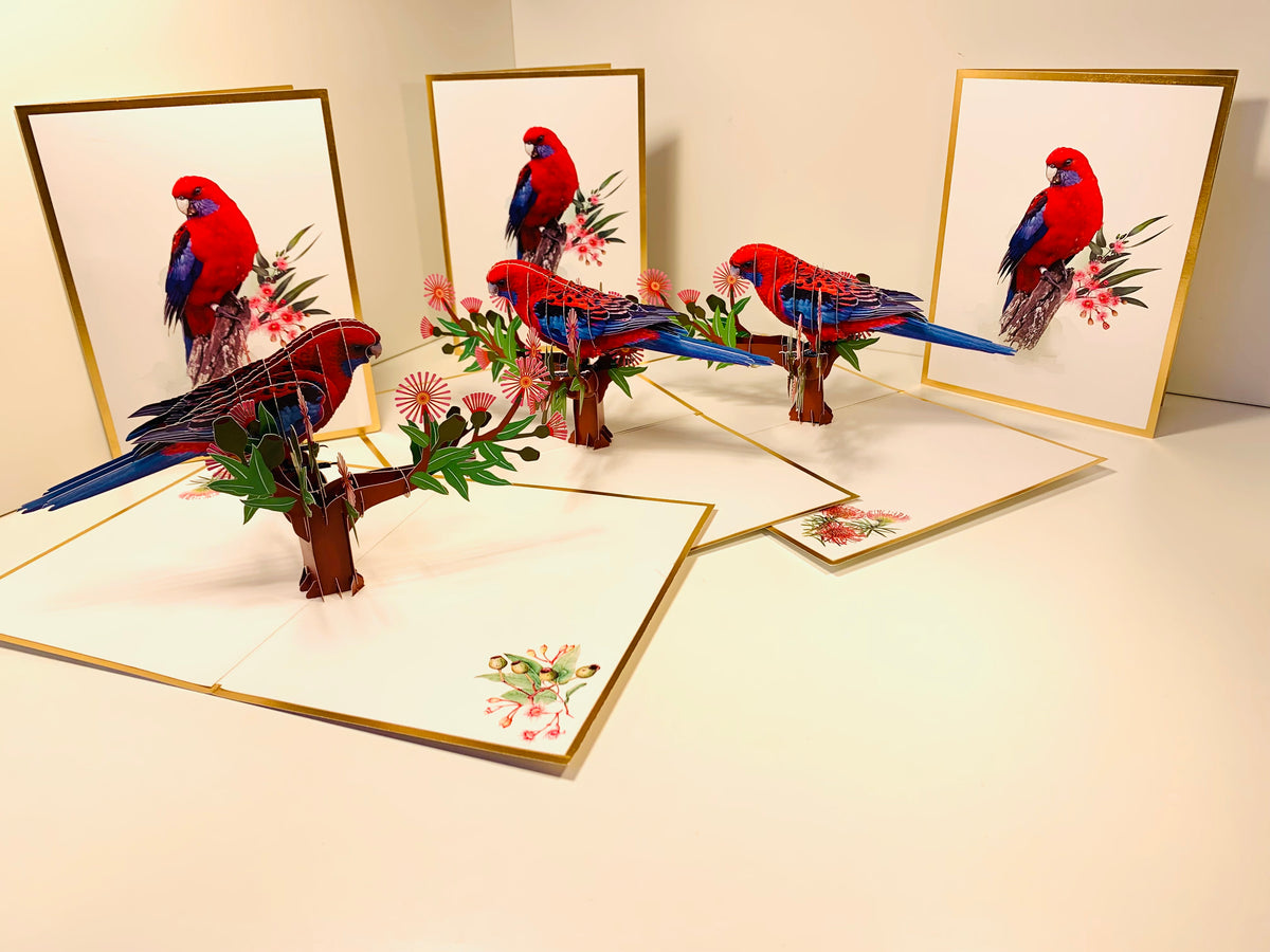 LUXURY Gold Single Crimson Rosella Parrot Australian Bird Origami Pop Cards 3D Pop Up Greeting Card Happy Birthday Thank You Handmade Gift Thinking of You Blank Card for Any Occasion Happy Mother's Day Happy Father's Australiana Birds