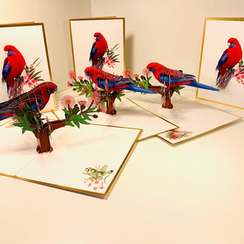 LUXURY Gold Single Crimson Rosella Parrot Australian Bird Origami Pop Cards 3D Pop Up Greeting Card Happy Birthday Thank You Handmade Gift Thinking of You Blank Card for Any Occasion Happy Mother's Day Happy Father's Australiana Birds