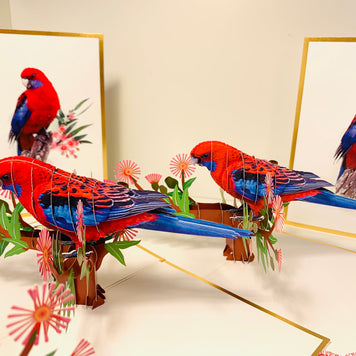 LUXURY Gold Single Crimson Rosella Parrot Australian Bird Origami Pop Cards 3D Pop Up Greeting Card Happy Birthday Thank You Handmade Gift Thinking of You Blank Card for Any Occasion Happy Mother's Day Happy Father's Australiana Birds