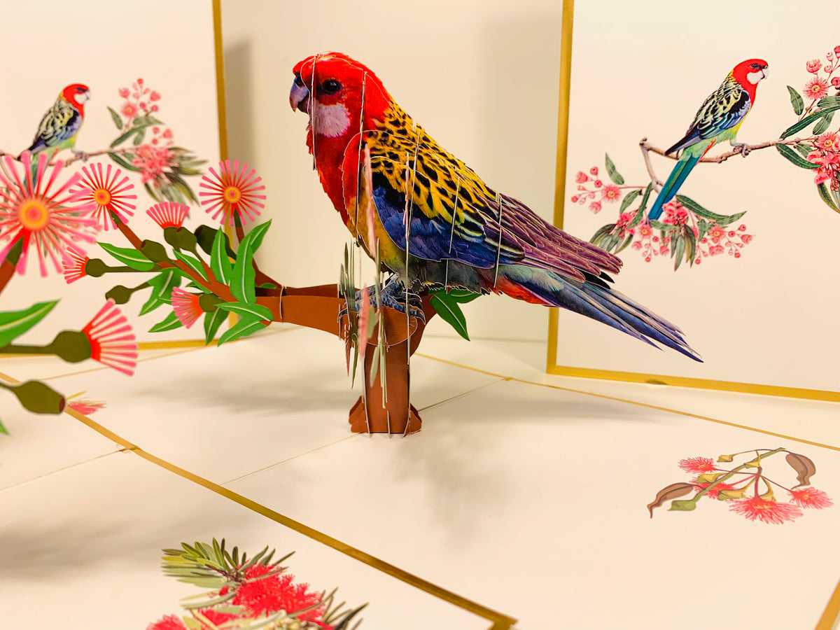 LUXURY Gold Single Eastern Rosella Parrot Australian Bird Origami Pop Cards 3D Pop Up Greeting Card Happy Birthday Thank You Handmade Gift Thinking of You Blank Card for Any Occasion Happy Mother's Day Happy Father's Australiana Birds