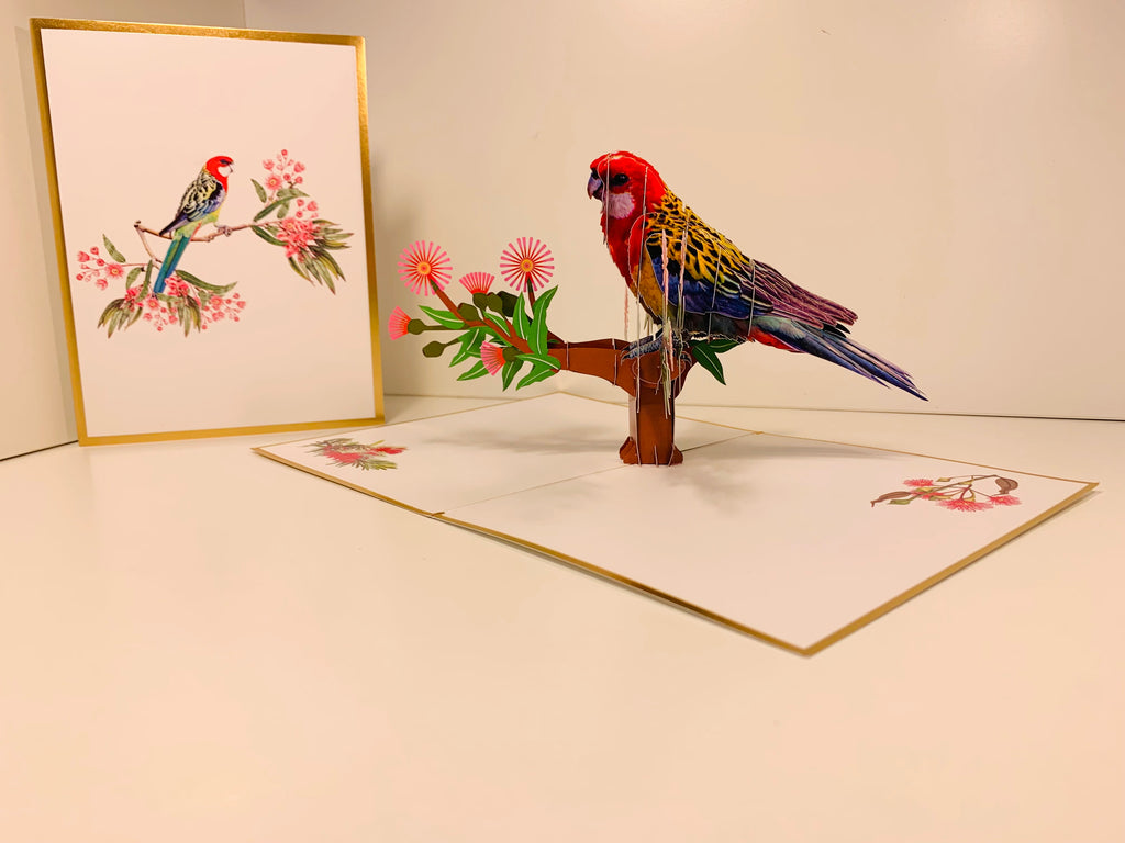 LUXURY Gold Single Eastern Rosella Parrot Australian Bird Origami Pop Cards 3D Pop Up Greeting Card Happy Birthday Thank You Handmade Gift Thinking of You Blank Card for Any Occasion Happy Mother's Day Happy Father's Australiana Birds