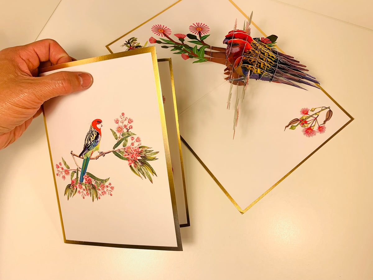 LUXURY Gold Single Eastern Rosella Parrot Australian Bird Origami Pop Cards 3D Pop Up Greeting Card Happy Birthday Thank You Handmade Gift Thinking of You Blank Card for Any Occasion Happy Mother's Day Happy Father's Australiana Birds