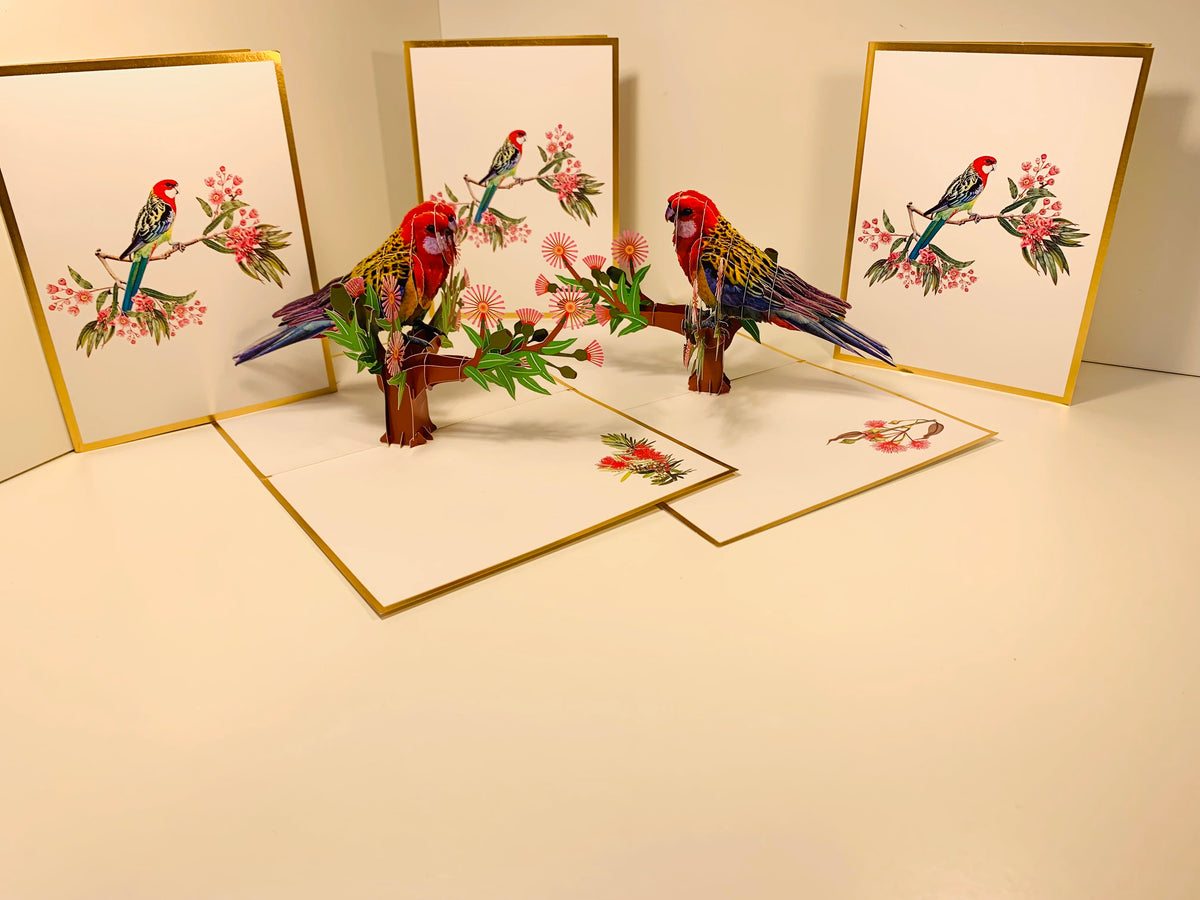 LUXURY Gold Single Eastern Rosella Parrot Australian Bird Origami Pop Cards 3D Pop Up Greeting Card Happy Birthday Thank You Handmade Gift Thinking of You Blank Card for Any Occasion Happy Mother's Day Happy Father's Australiana Birds