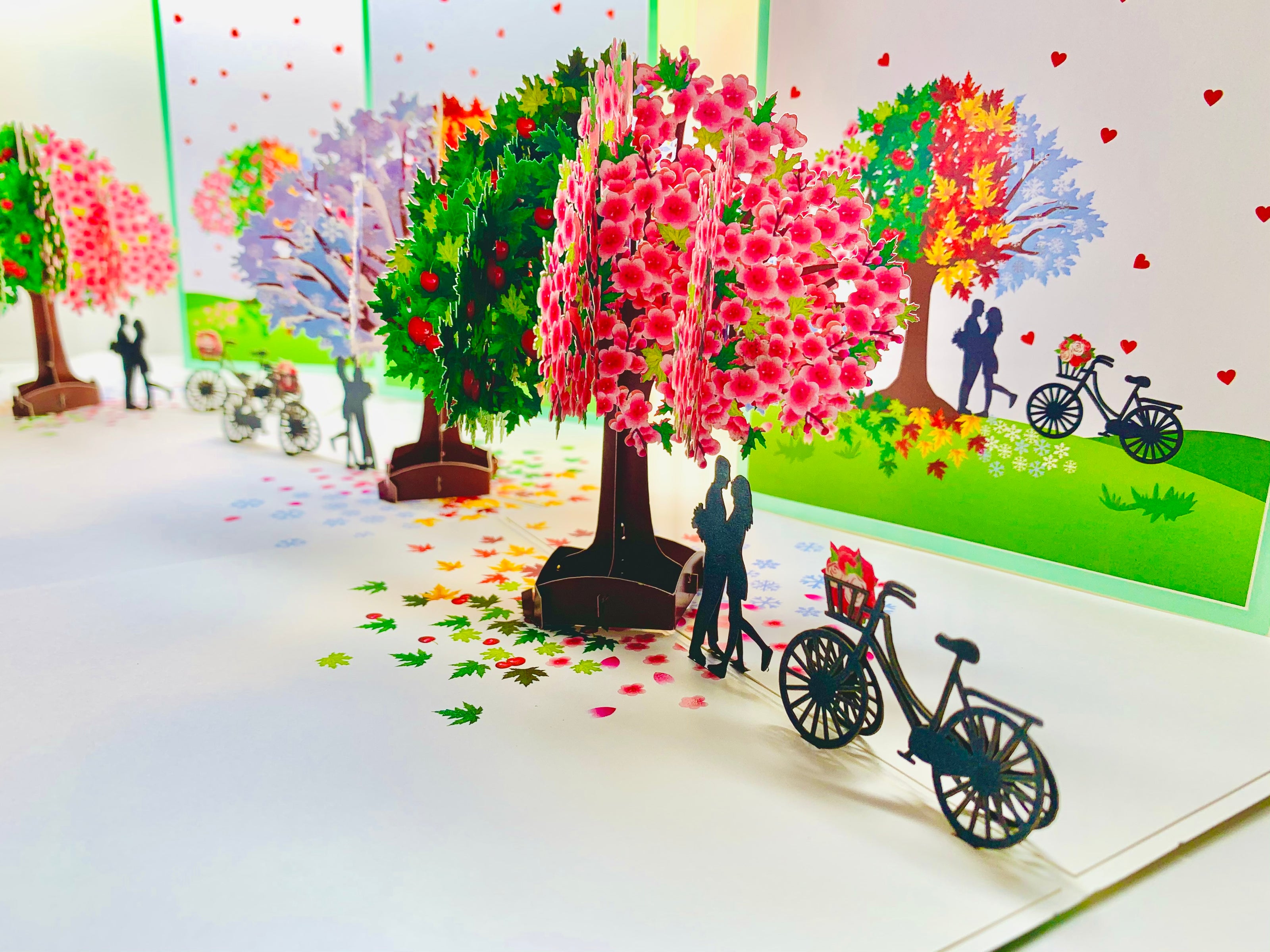 LUXURY Silhouette Couple Kissing Under a Four Seasons Tree 3D POP UP GREETING CARD - Created by Origami Pop Cards Australian Design & Handmade 3D Pop Up Magical Paper Cards, Handmade Pop Cards Happy Valentine's Day Celebrate Love Heart Fell Romantic