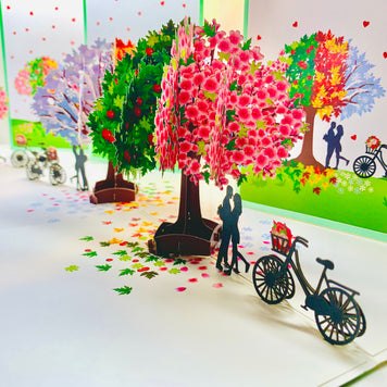 LUXURY Silhouette Couple Kissing Under a Four Seasons Tree 3D POP UP GREETING CARD - Created by Origami Pop Cards Australian Design & Handmade 3D Pop Up Magical Paper Cards, Handmade Pop Cards Happy Valentine's Day Celebrate Love Heart Fell Romantic