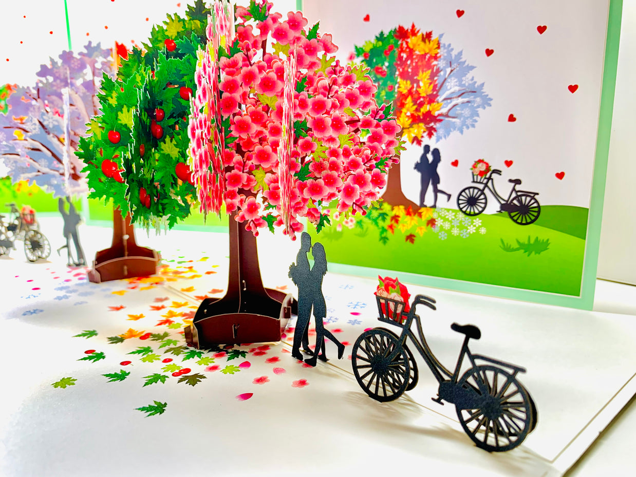 LUXURY Silhouette Couple Kissing Under a Four Seasons Tree 3D POP UP GREETING CARD - Created by Origami Pop Cards Australian Design & Handmade 3D Pop Up Magical Paper Cards, Handmade Pop Cards Happy Valentine's Day Celebrate Love Heart Fell Romantic