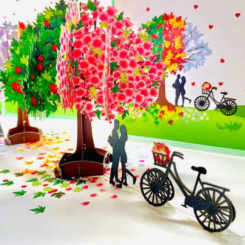LUXURY Silhouette Couple Kissing Under a Four Seasons Tree 3D POP UP GREETING CARD - Created by Origami Pop Cards Australian Design & Handmade 3D Pop Up Magical Paper Cards, Handmade Pop Cards Happy Valentine's Day Celebrate Love Heart Fell Romantic