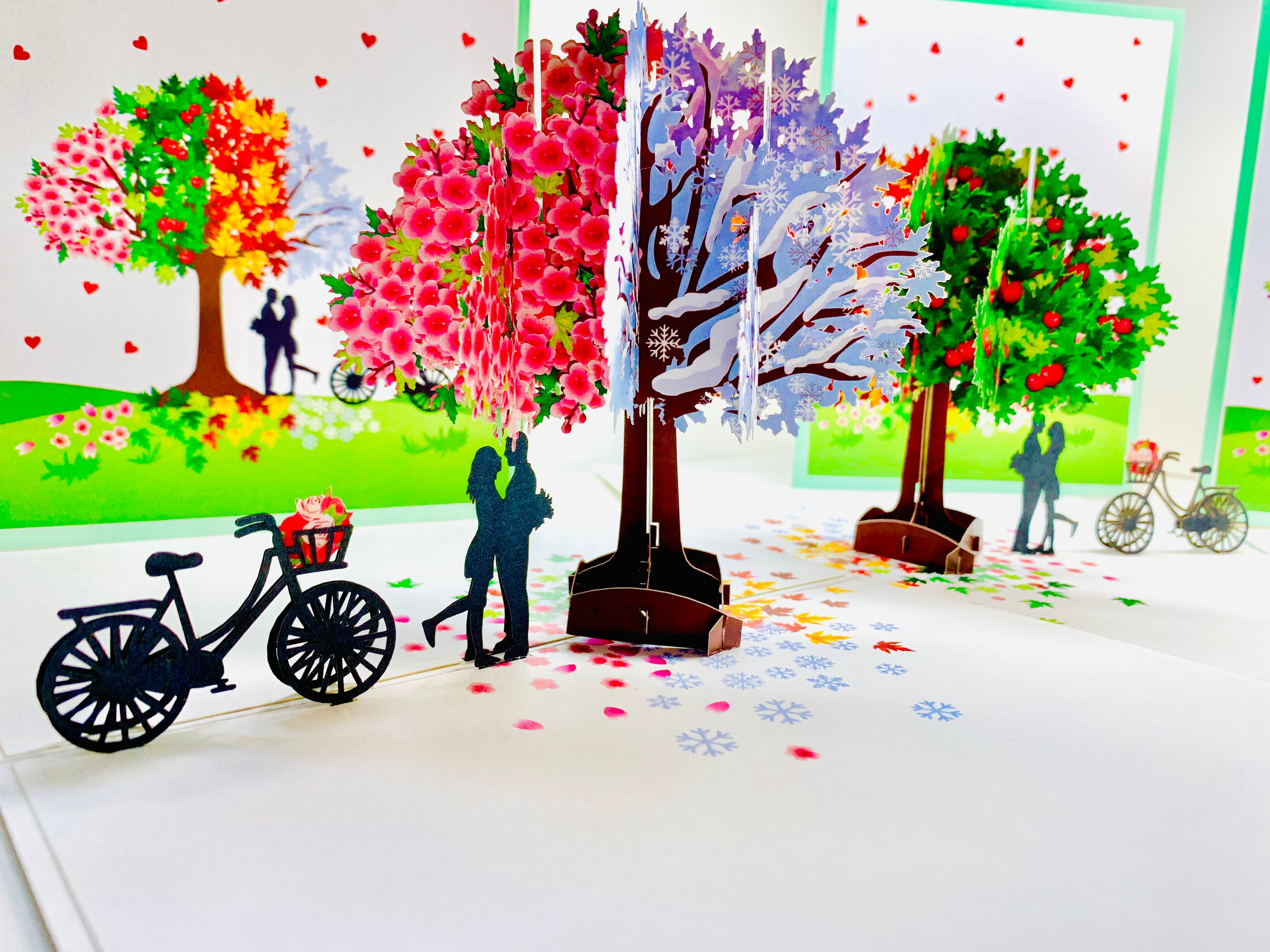 LUXURY Silhouette Couple Kissing Under a Four Seasons Tree 3D POP UP GREETING CARD - Created by Origami Pop Cards Australian Design & Handmade 3D Pop Up Magical Paper Cards, Handmade Pop Cards Happy Valentine's Day Celebrate Love Heart Fell Romantic