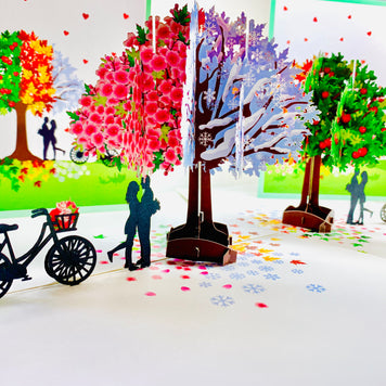 LUXURY Silhouette Couple Kissing Under a Four Seasons Tree 3D POP UP GREETING CARD - Created by Origami Pop Cards Australian Design & Handmade 3D Pop Up Magical Paper Cards, Handmade Pop Cards Happy Valentine's Day Celebrate Love Heart Fell Romantic