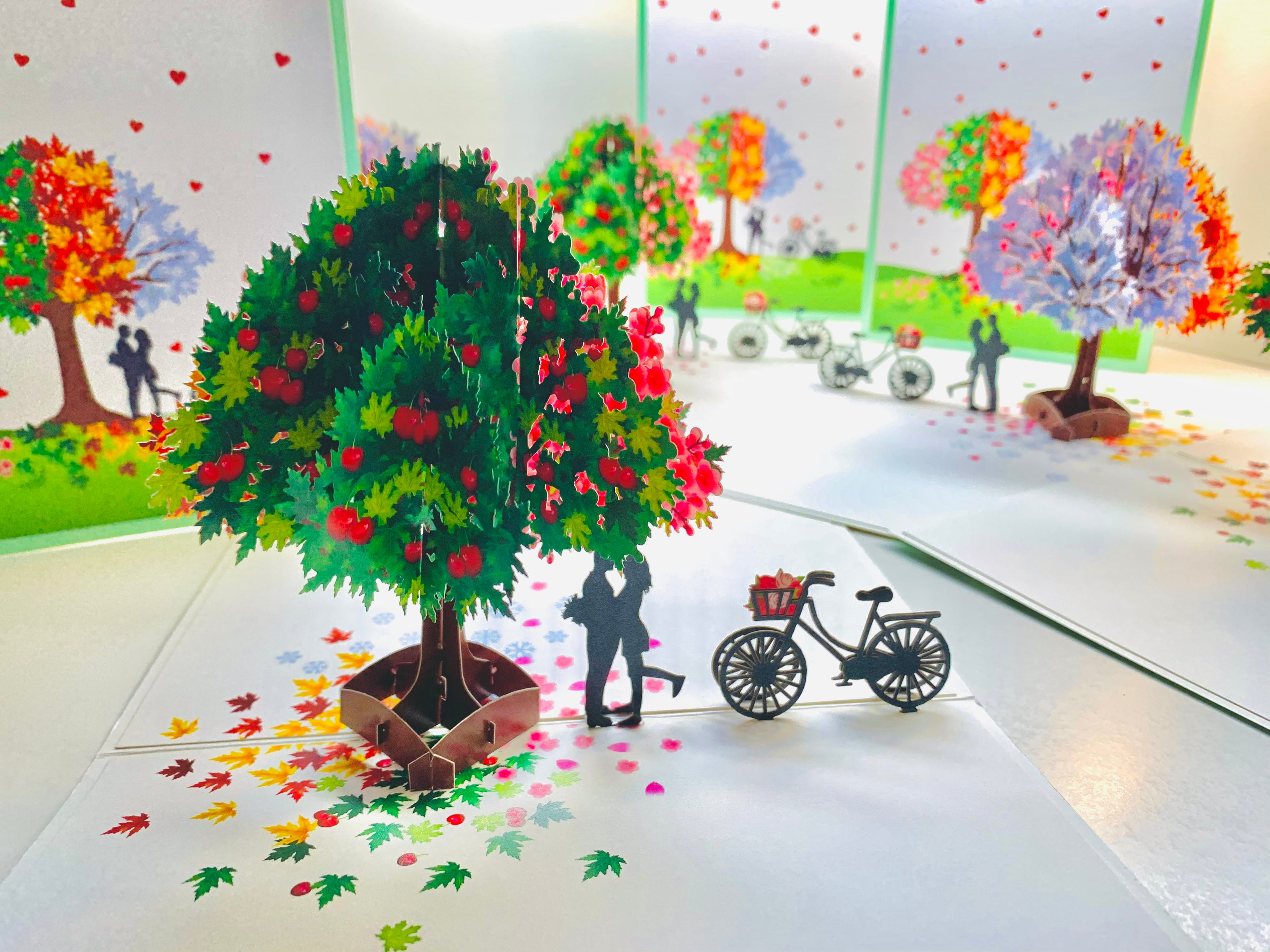 LUXURY Silhouette Couple Kissing Under a Four Seasons Tree 3D POP UP GREETING CARD - Created by Origami Pop Cards Australian Design & Handmade 3D Pop Up Magical Paper Cards, Handmade Pop Cards Happy Valentine's Day Celebrate Love Heart Fell Romantic
