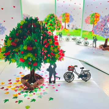 LUXURY Silhouette Couple Kissing Under a Four Seasons Tree 3D POP UP GREETING CARD - Created by Origami Pop Cards Australian Design & Handmade 3D Pop Up Magical Paper Cards, Handmade Pop Cards Happy Valentine's Day Celebrate Love Heart Fell Romantic