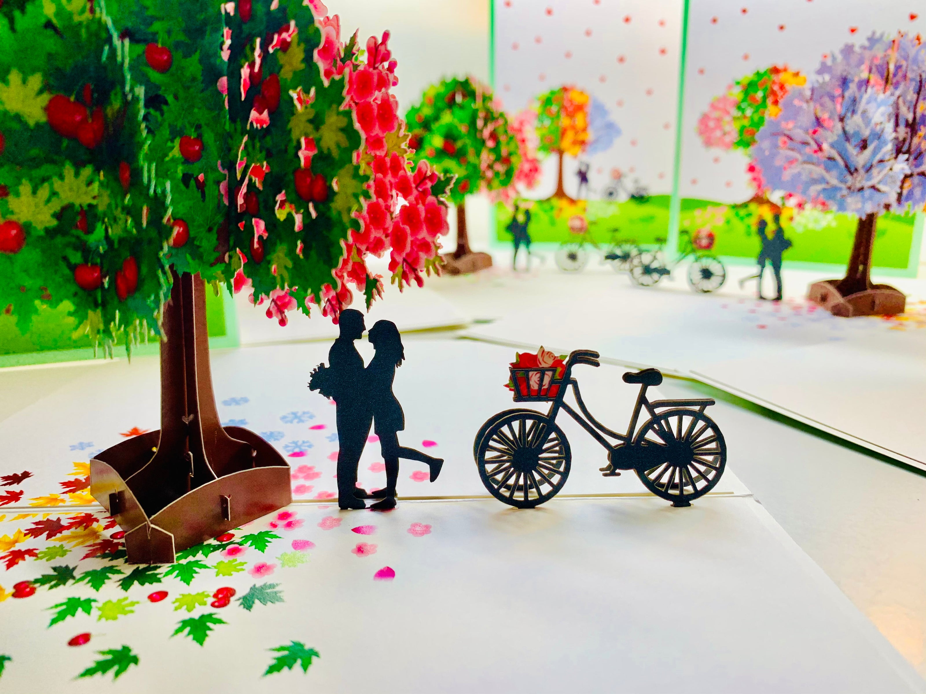 LUXURY Silhouette Couple Kissing Under a Four Seasons Tree 3D POP UP GREETING CARD - Created by Origami Pop Cards Australian Design & Handmade 3D Pop Up Magical Paper Cards, Handmade Pop Cards Happy Valentine's Day Celebrate Love Heart Fell Romantic