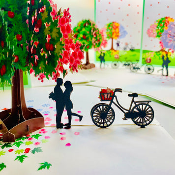 LUXURY Silhouette Couple Kissing Under a Four Seasons Tree 3D POP UP GREETING CARD - Created by Origami Pop Cards Australian Design & Handmade 3D Pop Up Magical Paper Cards, Handmade Pop Cards Happy Valentine's Day Celebrate Love Heart Fell Romantic
