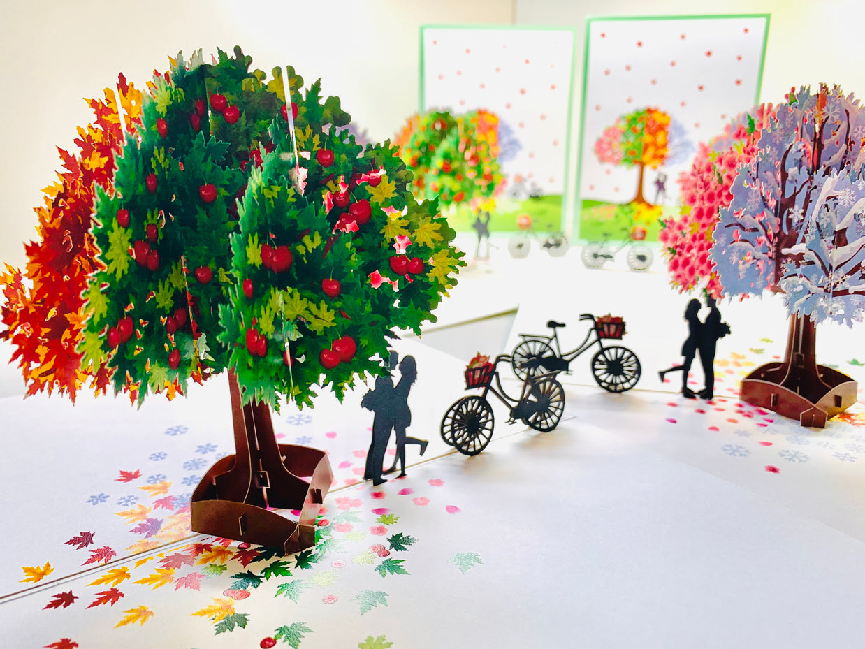 LUXURY Silhouette Couple Kissing Under a Four Seasons Tree 3D POP UP GREETING CARD - Created by Origami Pop Cards Australian Design & Handmade 3D Pop Up Magical Paper Cards, Handmade Pop Cards Happy Valentine's Day Celebrate Love Heart Fell Romantic