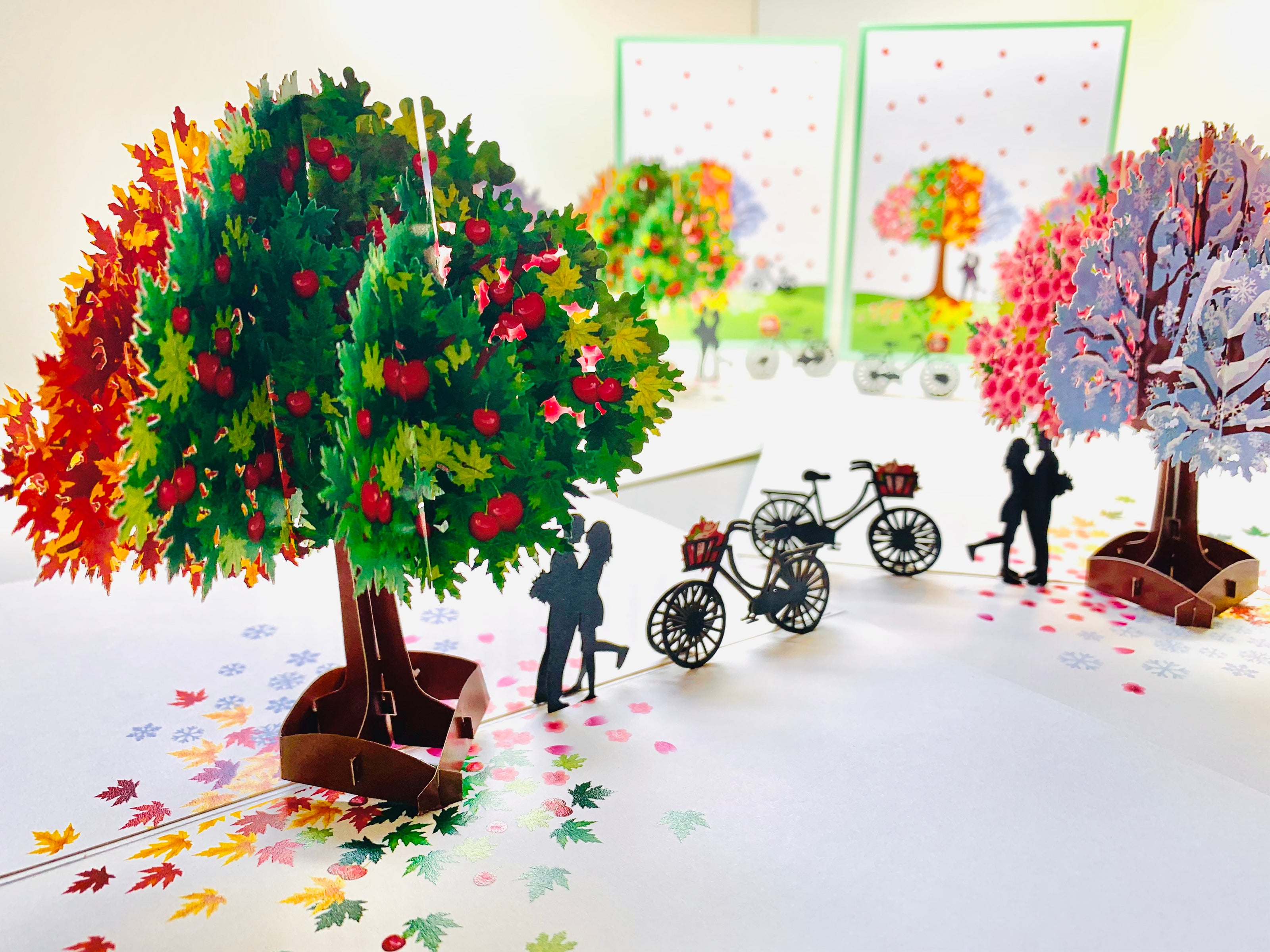 LUXURY Silhouette Couple Kissing Under a Four Seasons Tree 3D POP UP GREETING CARD - Created by Origami Pop Cards Australian Design & Handmade 3D Pop Up Magical Paper Cards, Handmade Pop Cards Happy Valentine's Day Celebrate Love Heart Fell Romantic