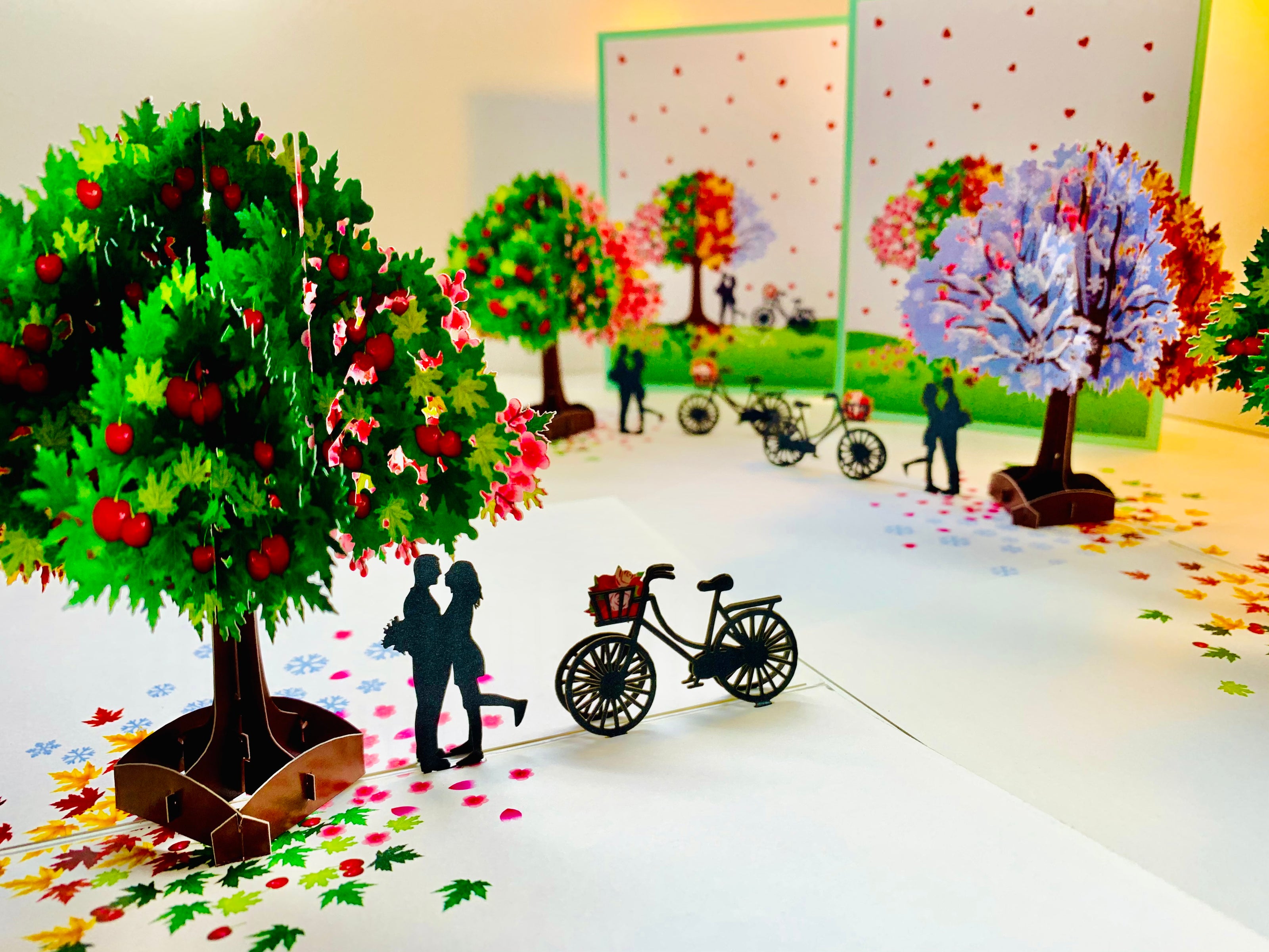 LUXURY Silhouette Couple Kissing Under a Four Seasons Tree 3D POP UP GREETING CARD - Created by Origami Pop Cards Australian Design & Handmade 3D Pop Up Magical Paper Cards, Handmade Pop Cards Happy Valentine's Day Celebrate Love Heart Fell Romantic